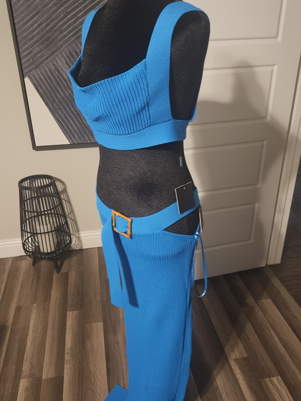 JLUXLABEL Vibrant Blue Ribbed Maxi Skirt with Buckle Cutout